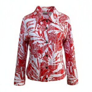 Chico's Red and White Tropical Floral Denim Jacket
